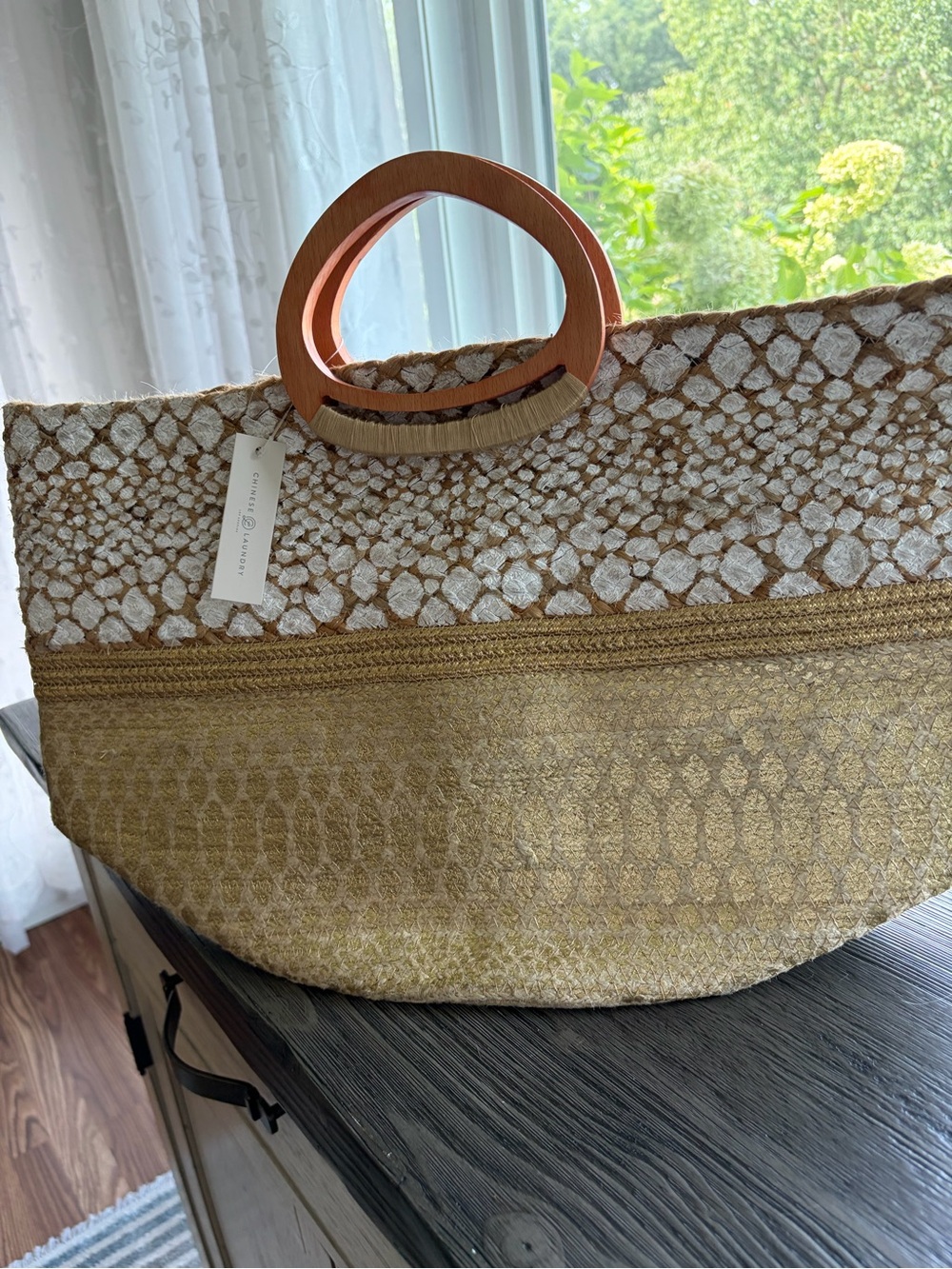 Chinese Laundry Gold and Natural Woven Tote with Wooden Handles